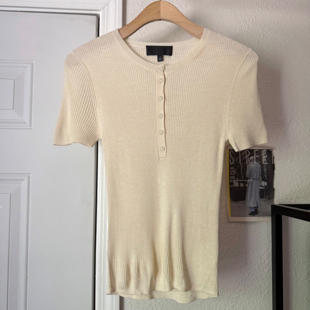 NILI LOTAN cream ivory silk rib ribbed knit short sleeve cropped polo shirt tee
